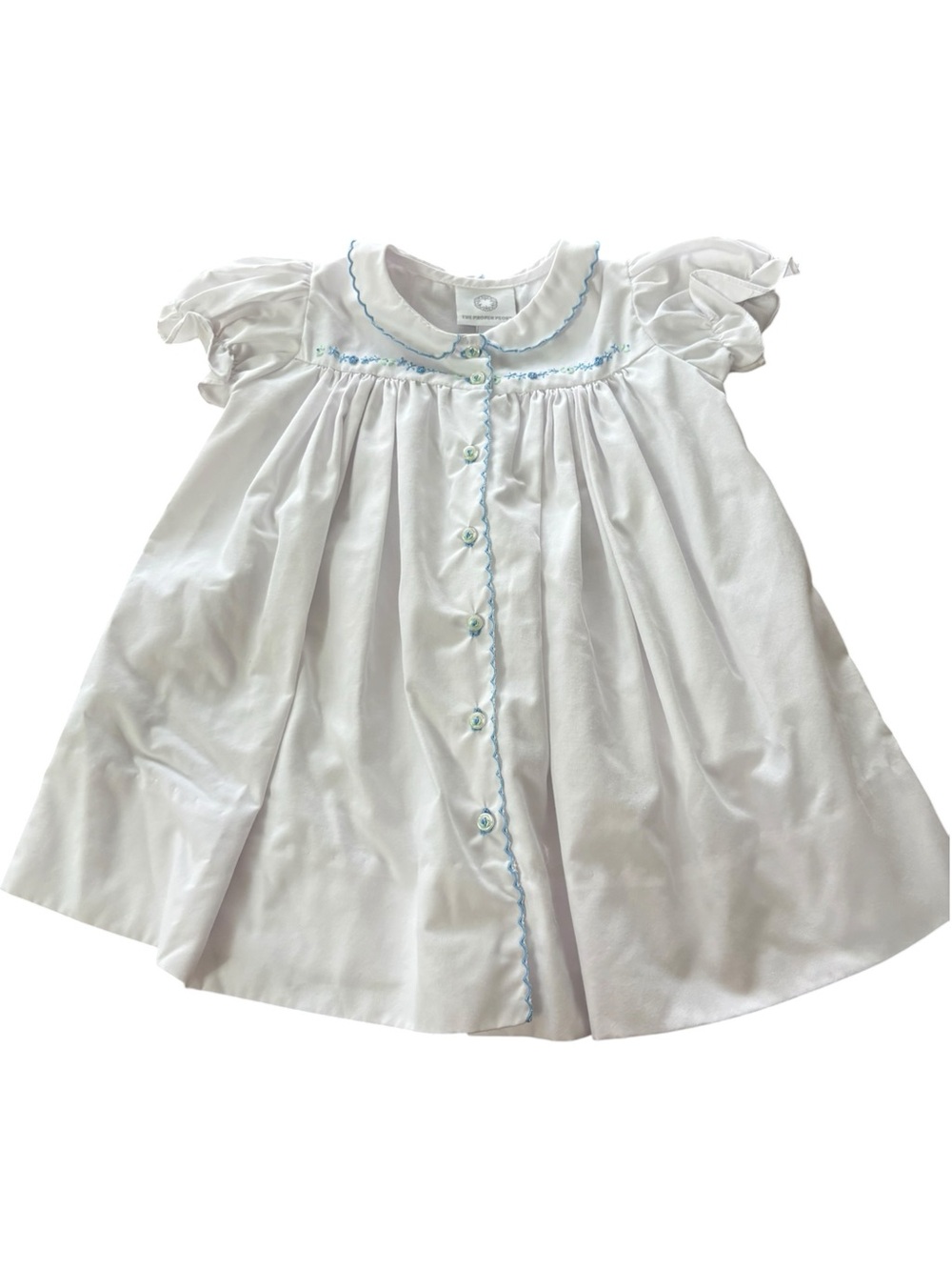 The Proper Peony Ingrid Dress White with Blue Embroidery Size 24M EUC